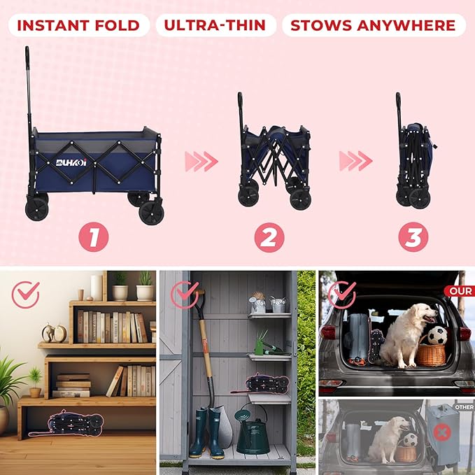 Collapsible Wagon Cart with Wheels Foldable,11 Lbs Lightweight Portable Folding Utility Wagon,90 L Heavy Duty Grocery Shopping Carts,Versatile for Garden Sports Camping Outdoor Use (Navy Gray)