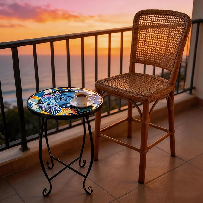 15 Inch Jellyfish Mosaic Side Tables (Set of 2) - Small Outdoor Round Folding Tables with Weather-Resistant Metal Frame, Coastal Accent End Table for Patio, Balcony, Garden