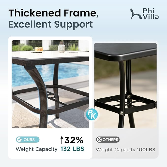 PHI VILLA 37" Patio Table for 4, Metal Dining Table with Carbon Crystal Tabletop, All Weather Wrought Iron Outdoor Furniture for Deck, Backyard, Porch