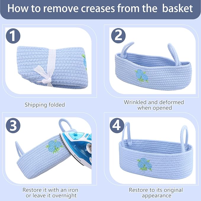 Vesici Hydrangea Toilet Paper Basket Cotton Rope Bathroom Organizer | Hydrangea Woven Rope with Handle, Boho Blue Hydrangea Decor, Countertop Organizer for Closet Bedroom Nursery, 13x6x4 in