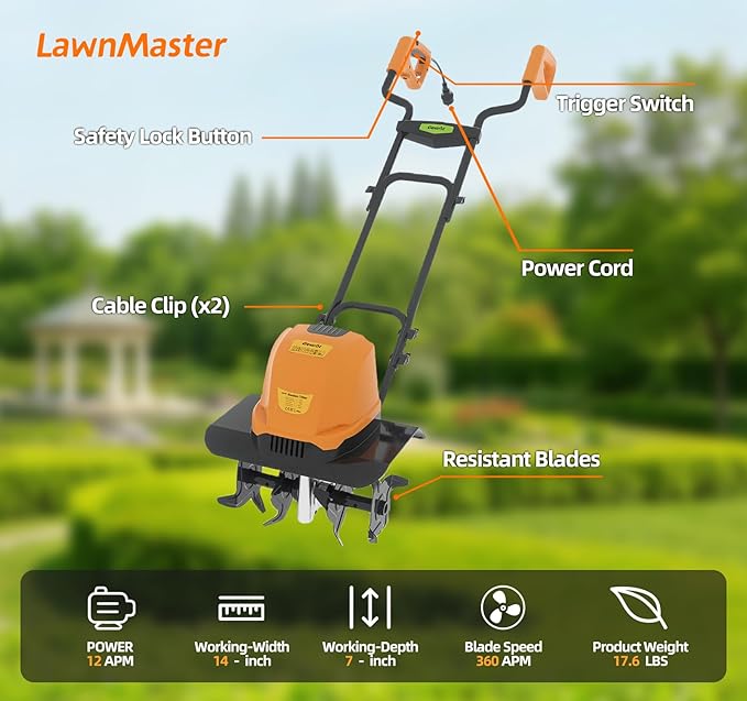 Electric Garden Tiller Cultivator, 14 Inch 12 Amp Corded Tiller for Gardening with Foldable Handle, 4 Steel Tines, Garden Rototiller for Lawn Yard Soil Cultivation