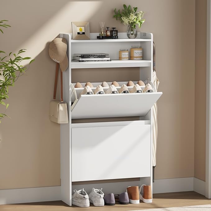 Slim Shoe Cabinet with 2 Flip Drawers & Open Storage, 23.6" W White