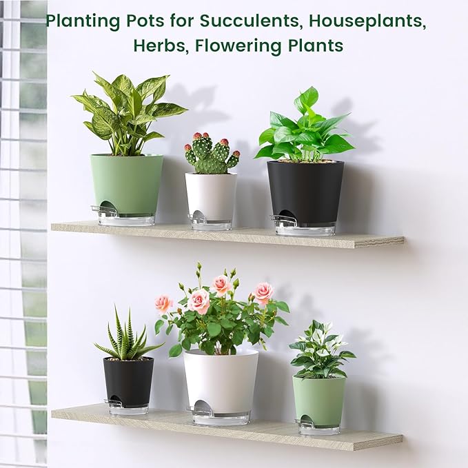 Meowell 4 inch Self Watering Pots for Indoor Plants, 5 Pack Small Flower Plant Pots with Drainage Holes and Clear Reservoirs, Visible Water Level, Plastic Planters with Wicking Rope, White