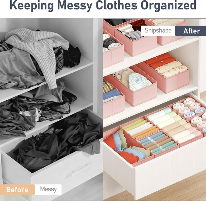 DIMJ Drawer Organizers Clothes, Set of 16 Dresser Organizer Bins, Fabric Closet Organizers and Storage, Shallow Drawer Dividers for Nursery, Clothing, Baby Clothes, Socks, Underwears, Tie (Pink)