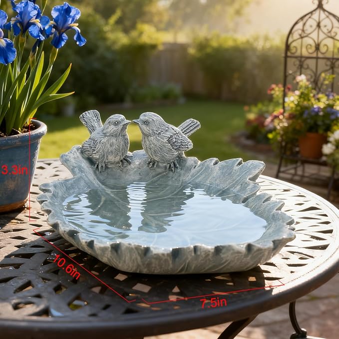 Bird Bath Bowl Outdoor Resin Stone Small Bird Bath and Bird Water Feeder for Outside with Cute Statue Patio Deck Balcony Ground Garden Decorations Birdfeeder Backyard Porch Decor