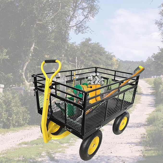 Heavy Duty 1400 lbs Capacity Steel Garden Cart with Removable Mesh Sides & 16" Tires, Convertible Flatbed Utility Wagon for Farm, Yard, Lawn, and Beach Use, Yellow