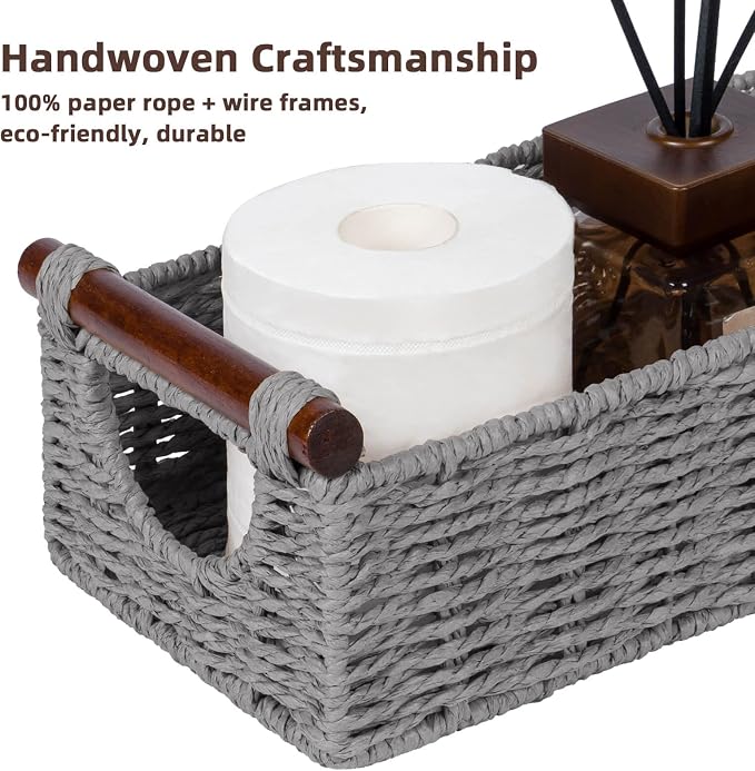 CubesLand Small Wicker Toilet Basket Tray Organizer W/Cut Out Handle | Handwoven Slim Decorative Basket for Countertop, Shelves And for Rustic Home Decor, Living Room, Nursery Organization, Grey