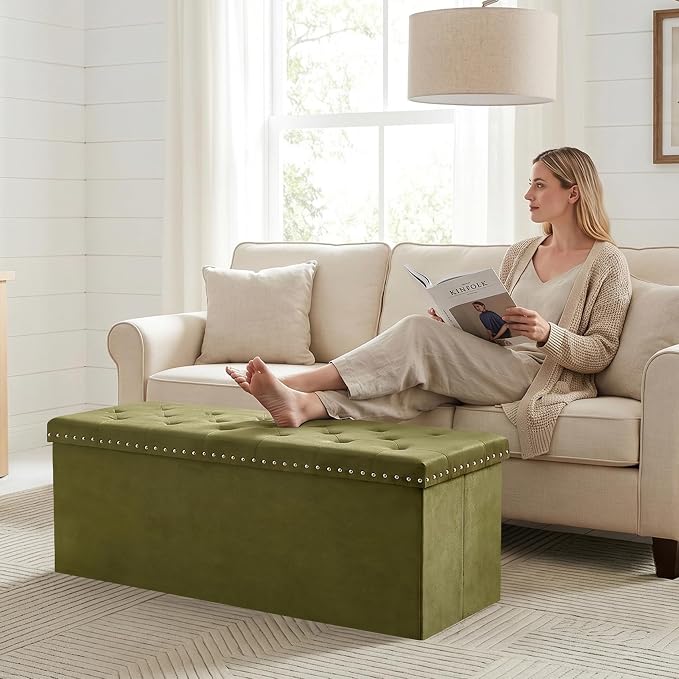 PINPLUS Folding Storage Ottoman Bench, Olive Green Velvet