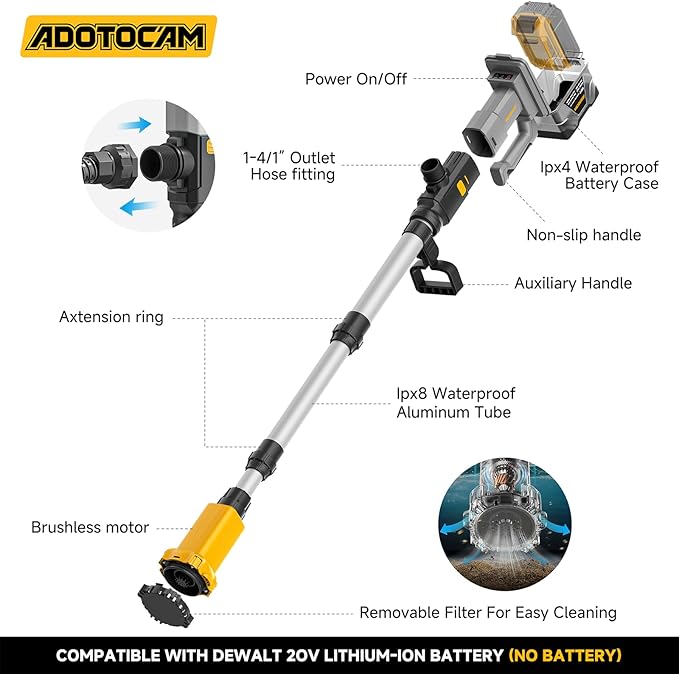 Cordless Stick Water Transfer Pump Compatible with Dewalt 20V Battery(Tool Only), 740GPH Telescoping Pole Pump, Detachable Battery Pod Handheld Sump Pump for Garden, Rain Barrels, RV Pool, Boat Well
