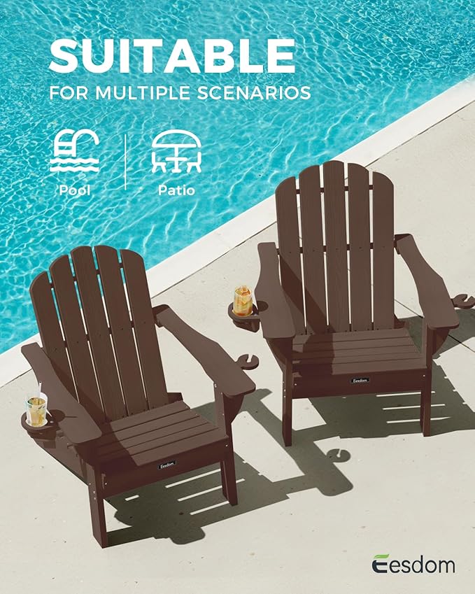 Adirondack Chairs Set of 2, HDPE Material Fire Pit Chairs, Plastic Adirondack Chairs with 2 Cup Holder, Outdoor Lawn Chair for Patio Garden, Brown