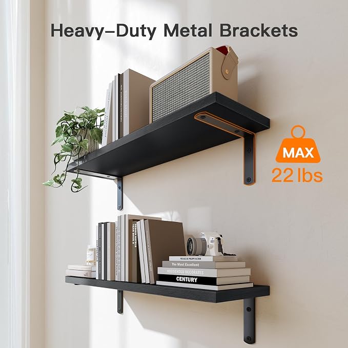 Amada Bathroom Shelves with Storage Basket, Set of 3, Black | Floating Wall Shelf for Home Organization & Wall Decor, 22 lbs Capacity per Shelf, Solid Paulownia Wood, DIY-Friendly Design