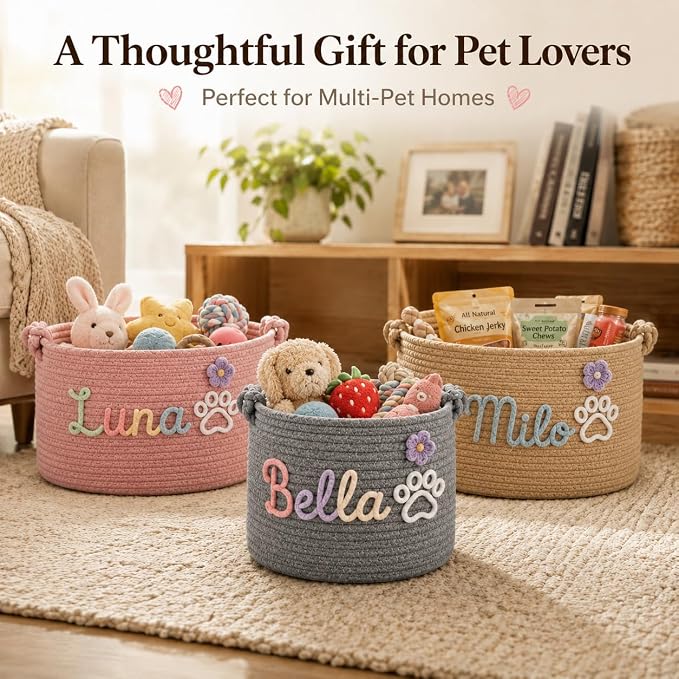 Personalized Dog Cat Toy Basket with Name, Custom Pet Storage Bin