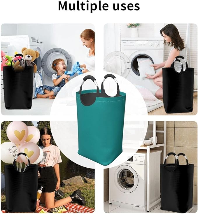 Large Laundry Hamper Bag, Teal Blue Trend Color Collapsible Laundry Basket Dirty Clothes Organizer Washing Bin for Family Essentials Storage