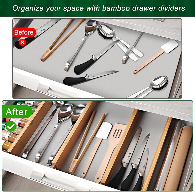 4 Pack Bamboo Drawer Dividers 2.6" High, Adjustable from 12 Inch to 17 Inch