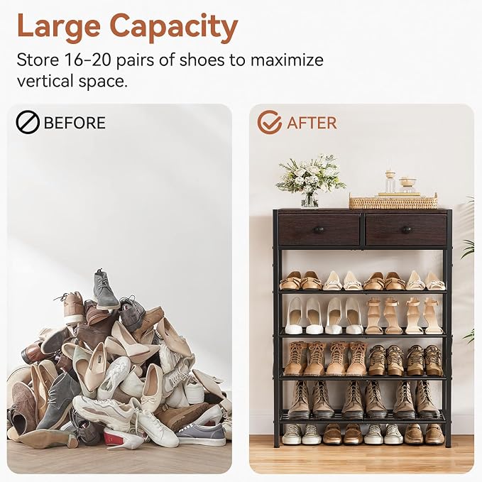 5 Tier Shoe Rack with 2 Drawers, 16-20 Pairs Dark Brown