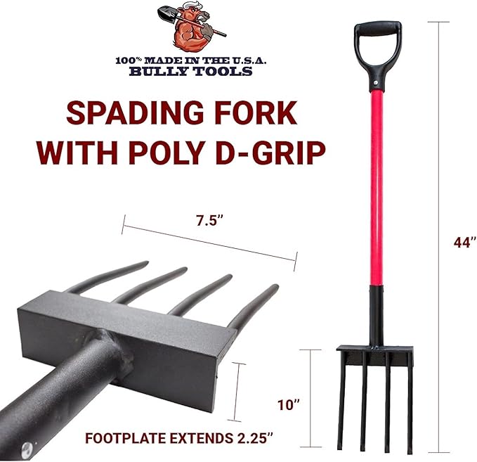 Bully Tools 4 Tines Spading Fork - Heavy Duty Garden Fork with Fiberglass Handle and Poly D-Grip Handle for Digging, Turning Soil, Compost Aeration, Root Crop Harvesting, Durable Steel Tines - 44-Inch