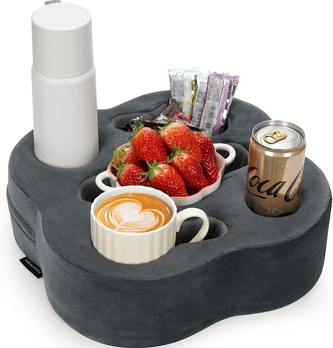 Couch Cup Holder Pillow, Sofa Organizer Caddy, Grey, 12x12x3.7Inch | Tray Pillow, Sofa Pillow Drink Tray Bed Refreshment Caddy for iPad, Drinks, Remotes, Phones, Snacks, Removable, Washable