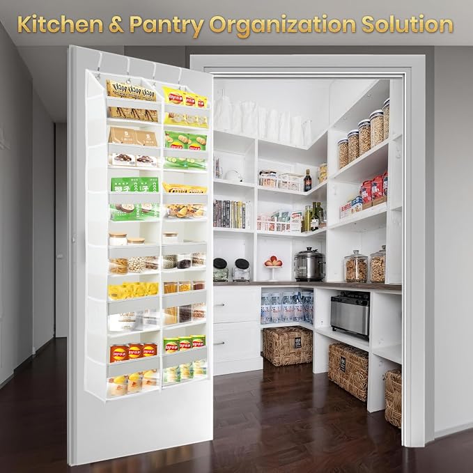 HOMELUX THEORY Over the Door Organizer, 6-Tier XL, 100D Fabric, Ivory | Extra wide over the door organizer, 65 lb capacity, 12 side mesh pockets, heavy-duty 100D fabric, bedroom & nursery storage