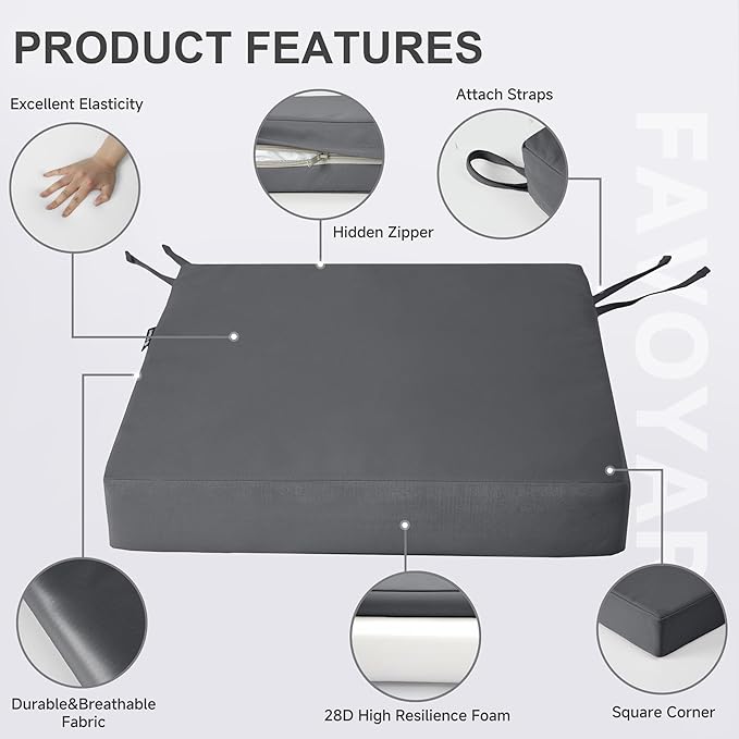 Favoyard Patio Chair Cushions 20 x 20 x 3 Inch Waterproof Outdoor Seat Cushions for Patio Furniture 3-Year Color Fastness Garden Sofa Couch Pads with Handle & Adjustable Straps Set of 2, Dark Grey
