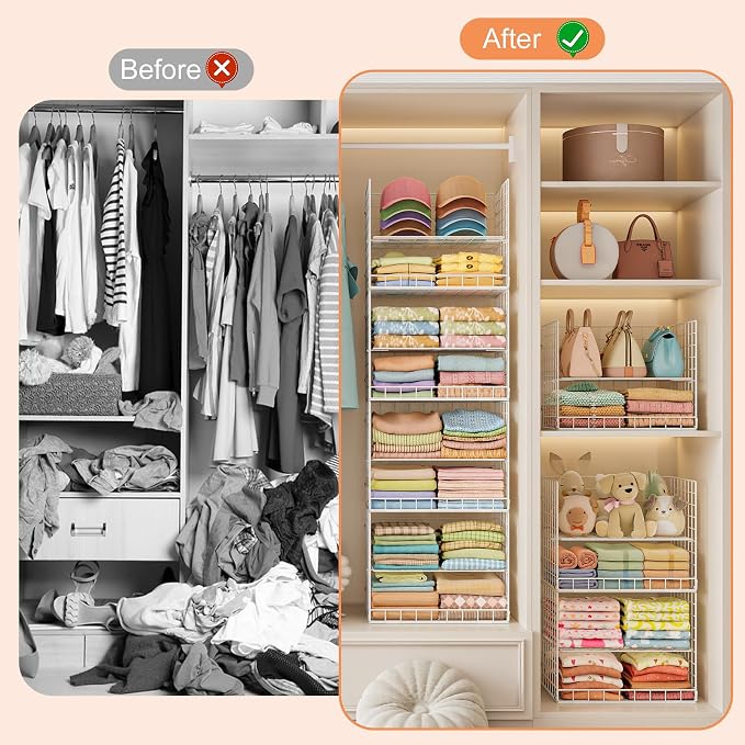 Extended Width Hanging Closet Organizer, 8 Tier Wire Storage Shelves | Hanging Closet Shelves Stackable Adjustable Detachable Foldable Heavy Duty