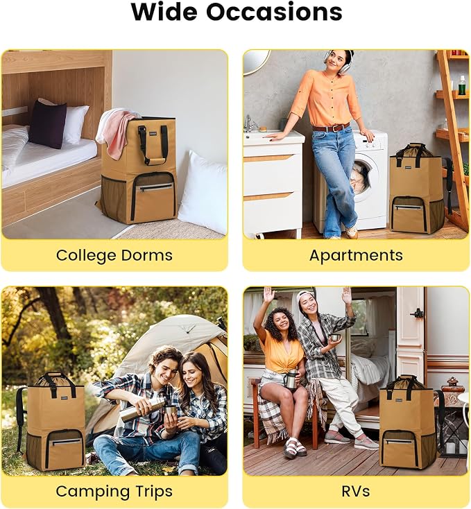 Vorspack Laundry Backpack with Shoulder Straps, Extra Large Hamper, Kahki | Heavy Duty 2 in 1 Laundry Basket, Structured Square Base, Portable Hamper for College Dorm Camp Laundromat Apartment Travel