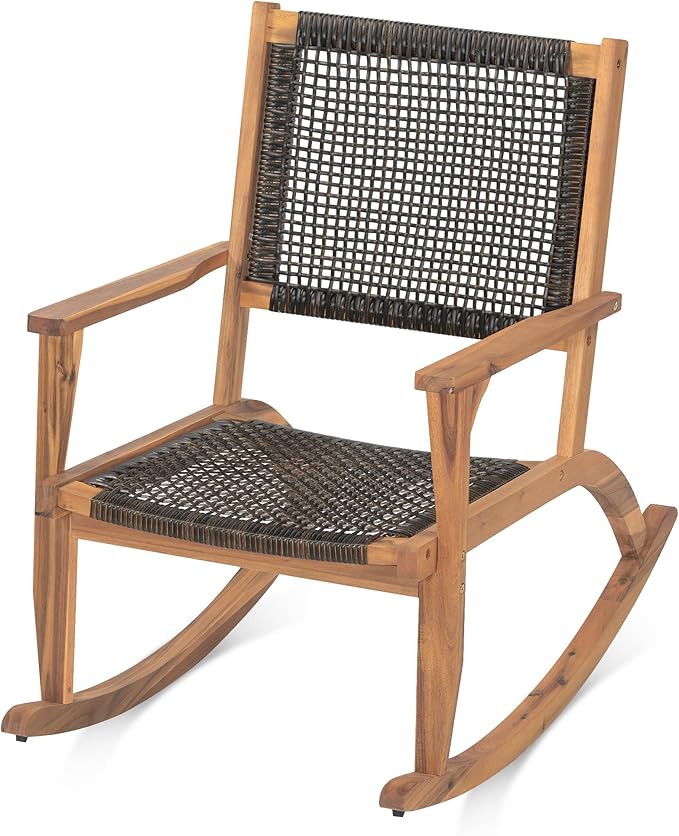 Merax 2-Piece Patio Rocking Chair Set, Acacia Wood Outdoor Rockers with PE Wicker Rattan Seat & Backrest, Comfortable Garden Porch Chairs for Backyard, Balcony, Poolside
