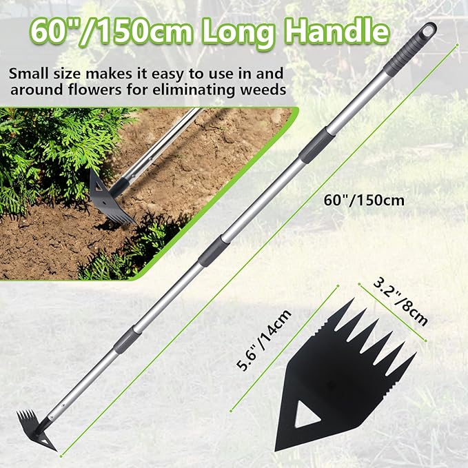 Weed Puller Tool with Long Handle, Hoe Garden Tool Weed Rake Combo for Weeding, 60" Garden Hoe Weed Remover Tool with Detachable Handle, Manual Weeder Garden Tools for Yard Flower Bed Lawn Patio(Grey)