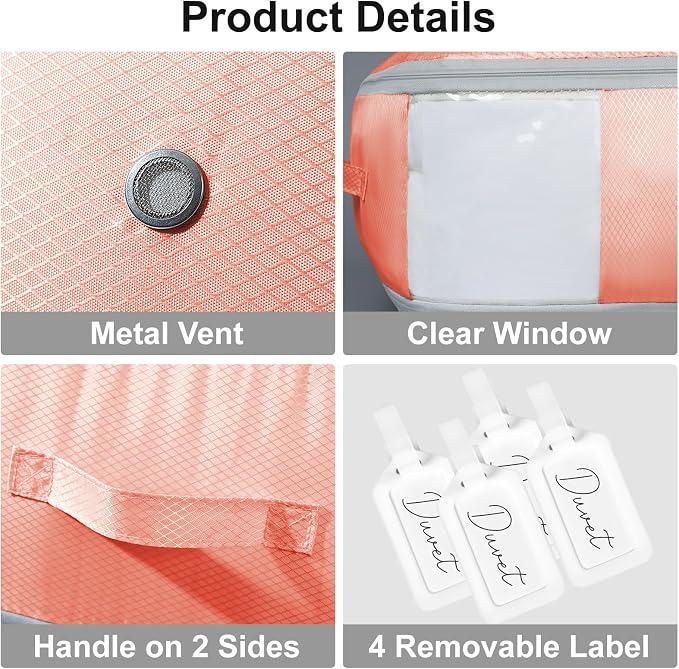 Comforter Storage Bag - Large Capacity Blanket Storage Bags 3-Layer Ultra Space Saving Self Compression Organizer, Washable Compression Bags for Storage Comforter Blanket, 4-Pack, Pink