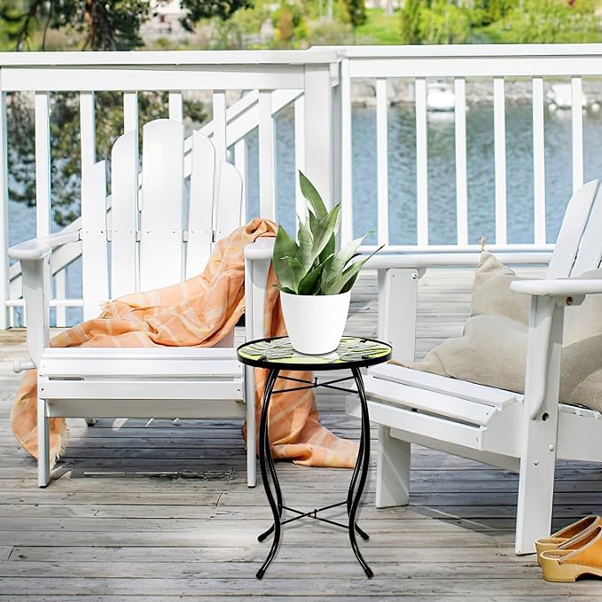 Subtropical Leaf Small Patio Table,Outdoor Side Table,Outdoor Bar Table,Metal Glass End Table for Porch Garden Yard Pool Living Room Valentine Decor,10 Inch Side, Valentine Decorations Gift