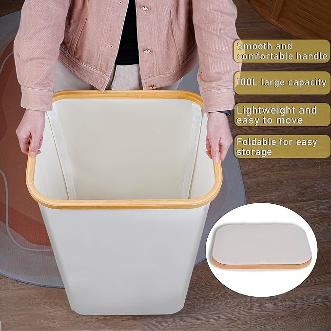 Laundry Basket with Wheels,100L Hampers for Laundry,Large Laundry Hamper with Lid and Bamboo Handles,Collapsible & Waterproof Tall Cloth Hamper for Dormitory Family,Beige