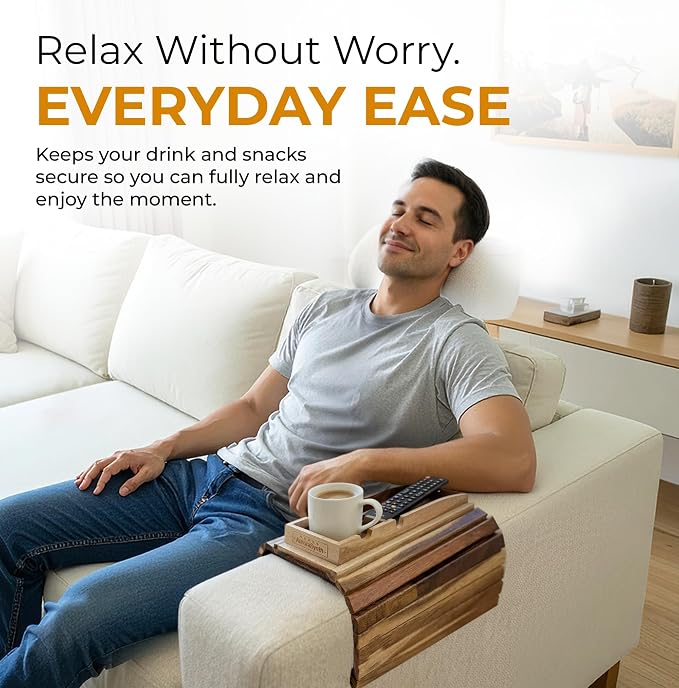 Bamboo Couch Cup Holder, 2 Cork Coasters, Anti-Slip Foldable Couch Arm Tray | 2 in 1 Foldable Sofa Arm Tray, Couch Armrest Table, Anti-Spill Couch Arm Table for Drinks TV Remote Cellphone Snacks