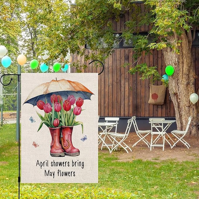 Spring Garden Flag Boots Tulips Vertical Double Sided Seasonal Flower Yard Outdoor Flag 12.5 x 18 Inch