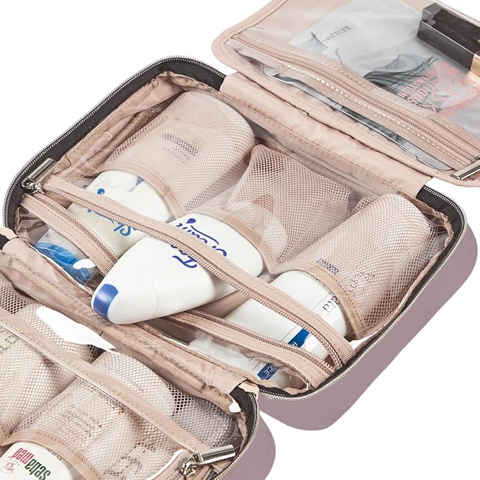 NISHEL Travel Toiletry Bag for women, Portable Hanging makeup Organizer | for Travel-Sized Shampoo, Conditioner, Brushes Set, makeup Accessories, Medium Size, Peach Pink