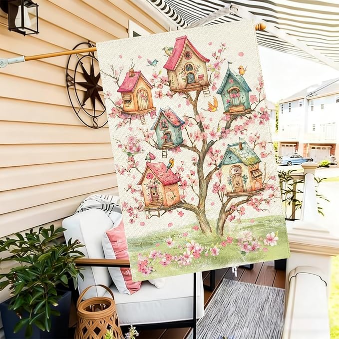 Baccessor Spring Birds House Flag Double Sided 28x40 Inch Burlap,Pink Floral Flower Tree Large Garden Flag Porch Patio Front Entry Yard Seasonal Farmhouse Outside Outdoor Decor