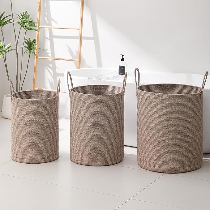 Laundry Basket Hamper Tall Rope Storage Woven for Blanket toys Dirty Clothes in Living Room Bathroom Bedroom (Tan, 100L/26.4Gal)