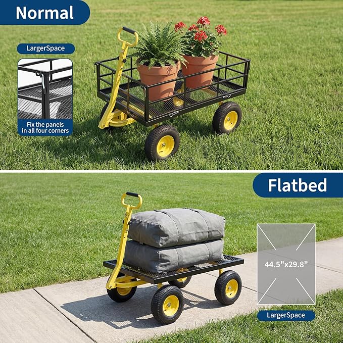  Heavy Duty Steel Garden Cart, 1200 LBS Load Capacity Garden Wagon with 10 inch Tire and 180° Rotating Handle Attach to ATV or Tractor Blac