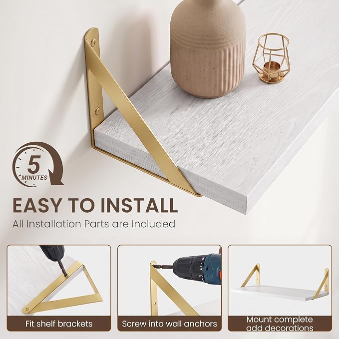 Dreamland Wall Mounted Floating Shelves Set of 2, 24x8, White&Gold