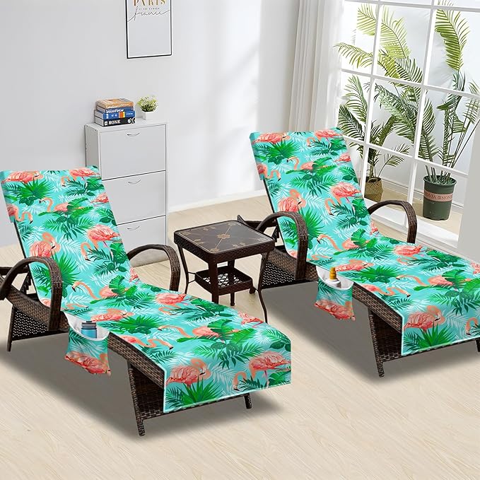 Beach Chair Cover (1Pc), Lounge Chair Covers with Side Pockets 85 x 30,Thick and Quick Dry Lounge Chair Towel Cover for Sun Lounger, Pool Beach Garden Outdoor Tanning Chair Cover,Flamingo Theme
