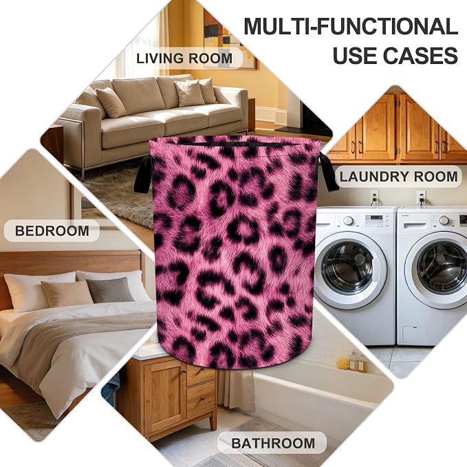 Pink Leopard Laundry Basket Collapsible Oxford Laundry Hamper Clothes Storage Bin with Handles for Bedroom Bathroom Laundry Room 19.6 x 15.7 Inches