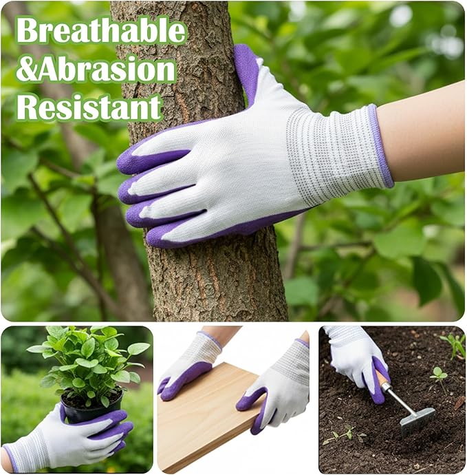2 Pairs Garden Gloves for Women, Breathable Rubber Coated Gardening Gloves, Outdoor Indoor Work Glove Women for Yard Home Garden Tool Set(Medium Size, Purple+Green)