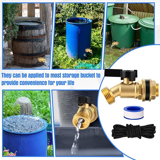 JaGely 3 Sets Brass Rain Barrel Spigot Kit 1/2" Inlet to 3/4" Quarter Turn Ball Valve with Bulkhead Fitting, Brass Bulkhead Faucet Kit with Thread Tape and 9.8ft Traction Rope for Water Tanks, Pools