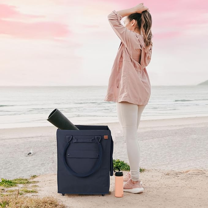 CleverMade Collapsible Rolling Hauler Tote, 90L, Holds 75 lb, Leeward Navy