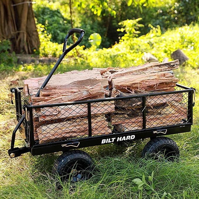 BILT HARD Heavy Duty 400 Lbs Capacity Mesh Steel Garden Cart, 4 Cu.Ft Heavy Duty Garden Cart with 180° Rotating Handle, Removable Sides, 10" All Terrain Wheels Capacity Utility Steel Wagons for Yard