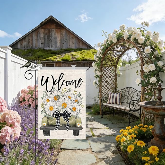 GEEORY Daisy Eucalyptus Truck Welcome Garden Flag 12x18 Inch, Double Sided Spring Summer Small Floral Flag, Farmhouse Rustic Outdoor Outside Yard Lawn Decoration
