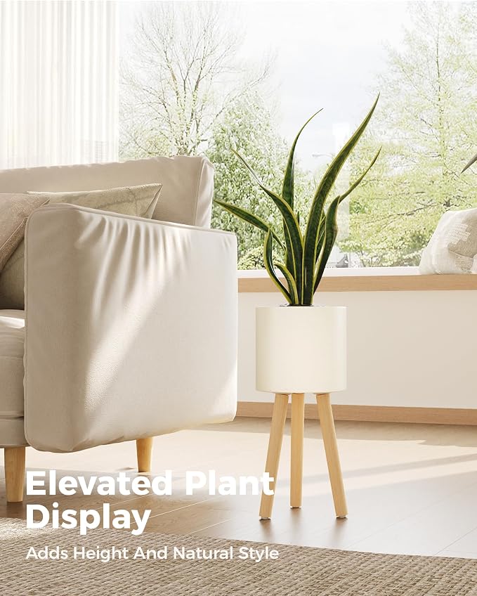 Bamworld Single Plant Holder for Indoor Plants Metal Planter Stand Wooden Leg White Plant Stand Indoor Flower Pot Stand 7in Plant Pot with Stand for Living Room Office Bedroom Decor Modern Home Decor Small