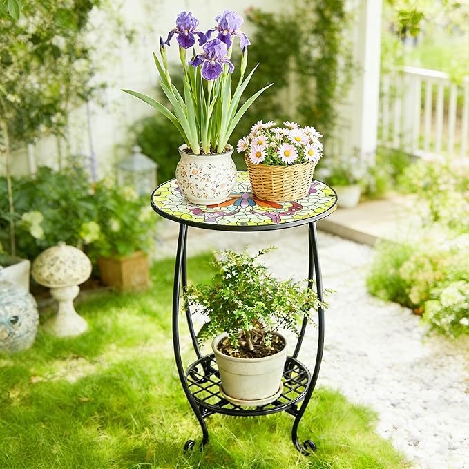 Arbuxzuy 12 Inch Small Outdoor Side Table with Colorful Butterfly, Glass Mosaic Patio Table Indoor, Round Plant Coffee Table for Living Room, Balcony, Garden(Butterfly Style)