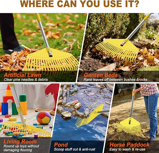 Leaf Rake - 16.5" Wide Nylon Plastic Head,65" Adjustable Handle,Heavy Duty for Leaves,Grass,Pine Needle,Mulch, Small Debris,Lawn-Friendly Tines,Lightweight for Women,Seniors & Kids