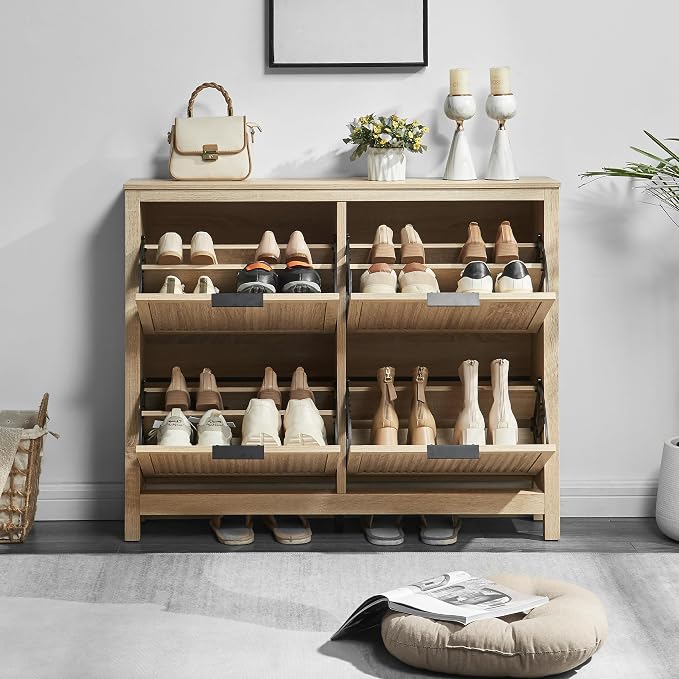 4-Flip Drawer Shoe Cabinet Narrow Entryway Rack, Oak
