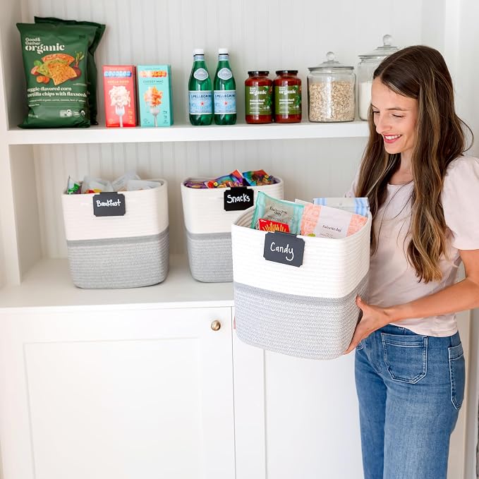 NaturalCozy Storage Cubes 11 Inch Cotton Rope Woven Baskets for Organizing, 3-Pack | Cube Storage Bin | Square Storage Baskets for Shelves Organizer, Classroom, Kids Toy Bins, Closet, Baby Nursery