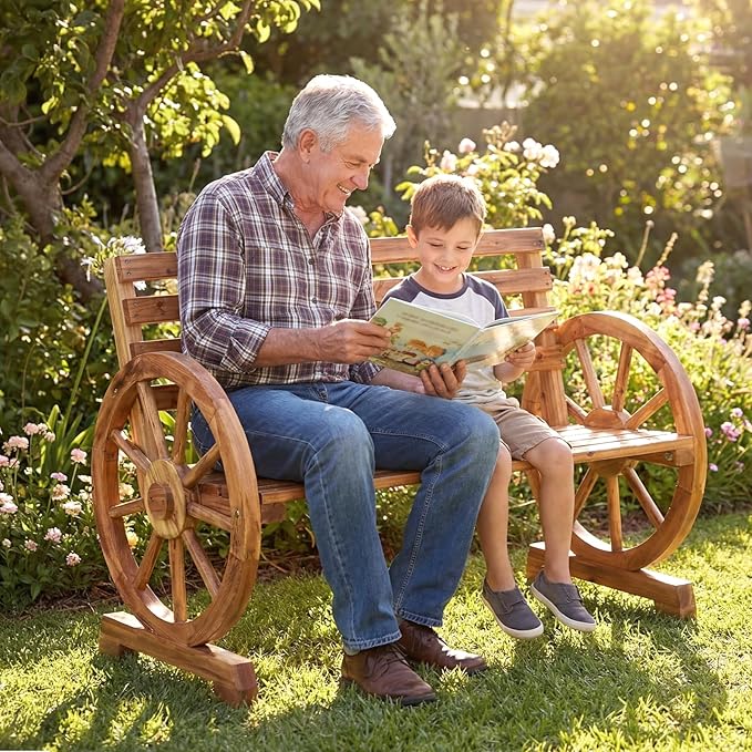 Outvita 41'' Outdoor Wooden Bench, 2-Person Rustic Wagon Wheel Bench with Slatted Seat and Carbonized Fir Wood Construction, Weather-Resistant Garden Bench for Patio, Porch and Backyard(Light Brown)